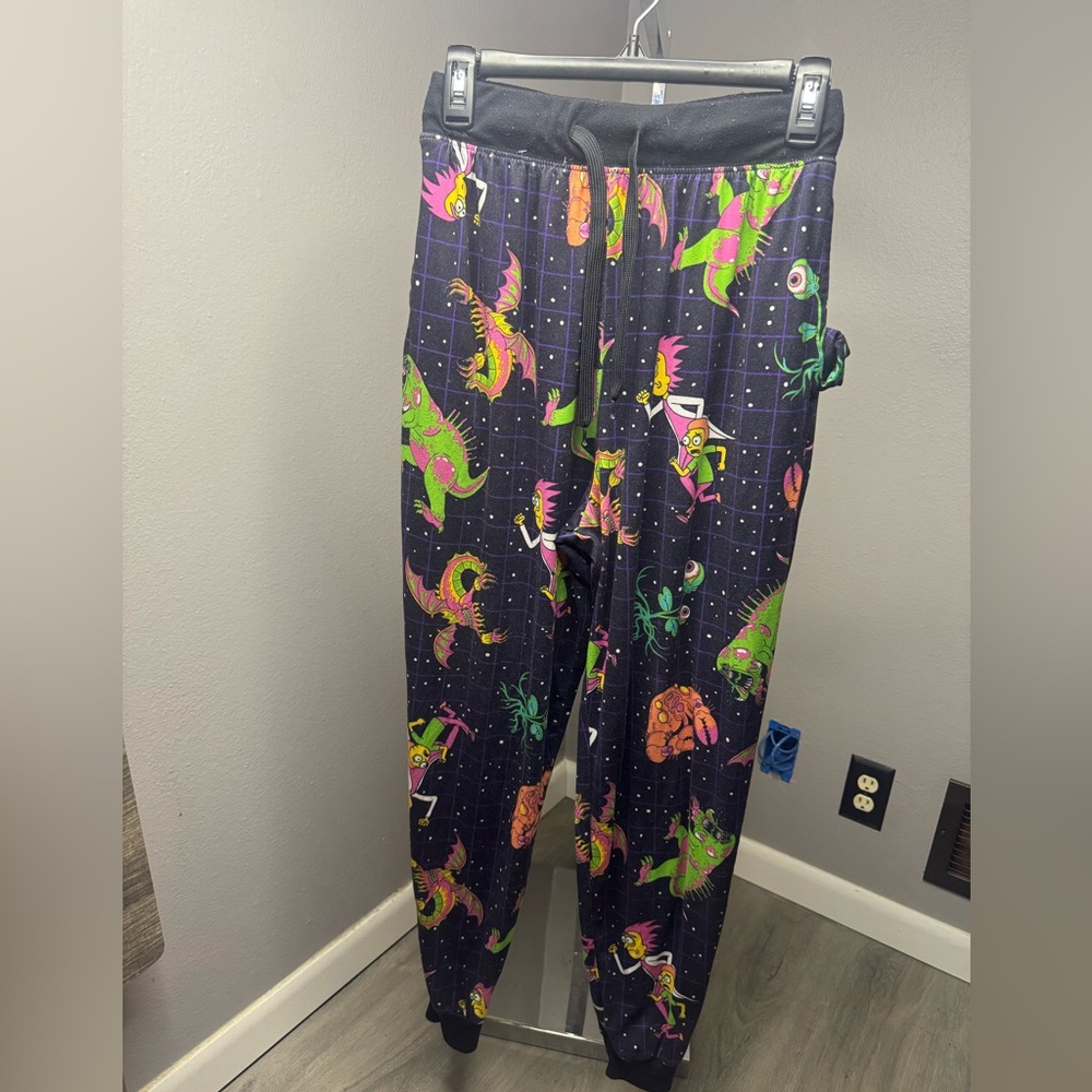 RICK N MORTY Novelty SpacePajama Pants - Black with Neon Green & Pink
